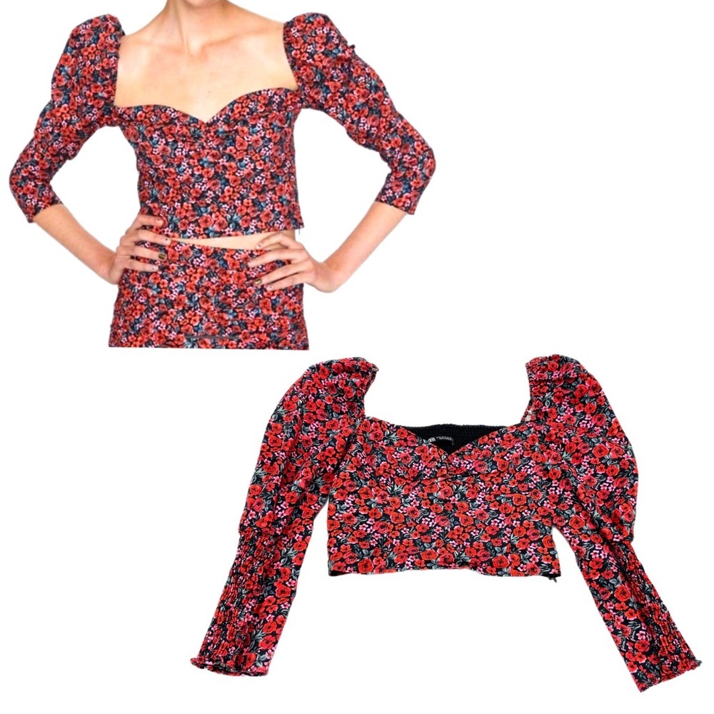 Zara Puff Sleeve Floral Crop Top Rose Print Sweetheart Ruched Blouse Size M - Picture 6 of 15